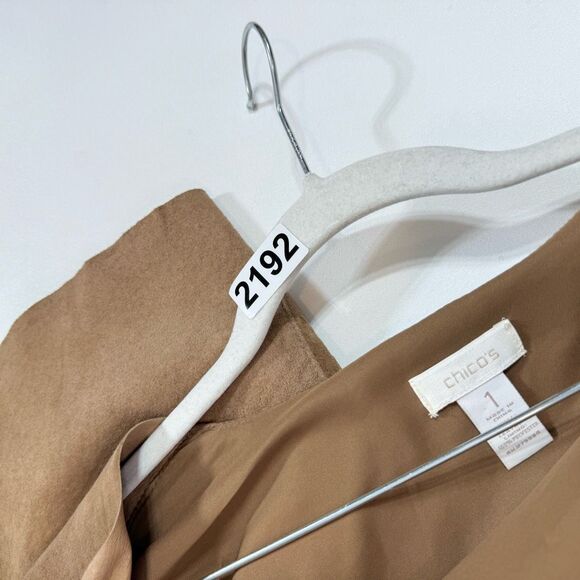 Chicos Leather Trench Coat Womens Medium Tan Open Front Long Lightweight Suede - Picture 6 of 8